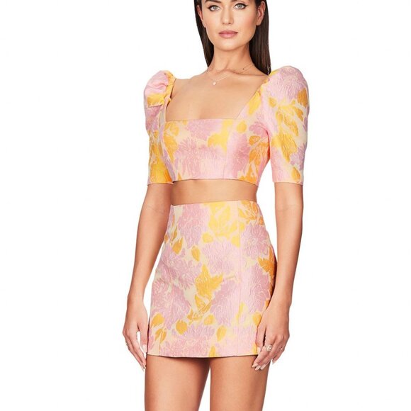 Revolve Nookie Solana Metallic Jacquard Pink Yellow Crop Top & Skirt Co Ord Set - Picture 4 of 4